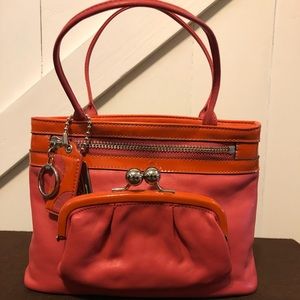 Coach Pink & Orange Purse with Attached Coin Purse